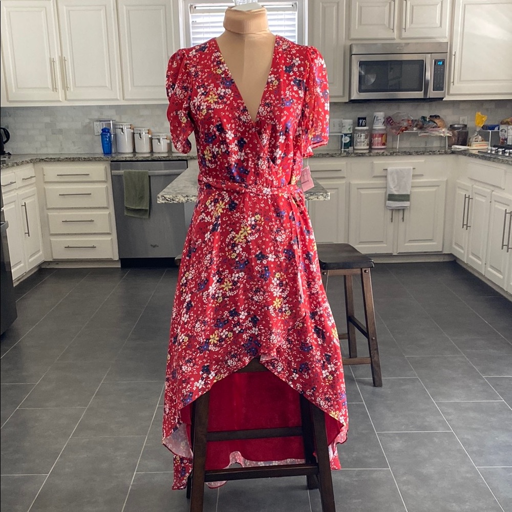 Parker flowy Red floral chiffon high low wrap dress women’s size small
